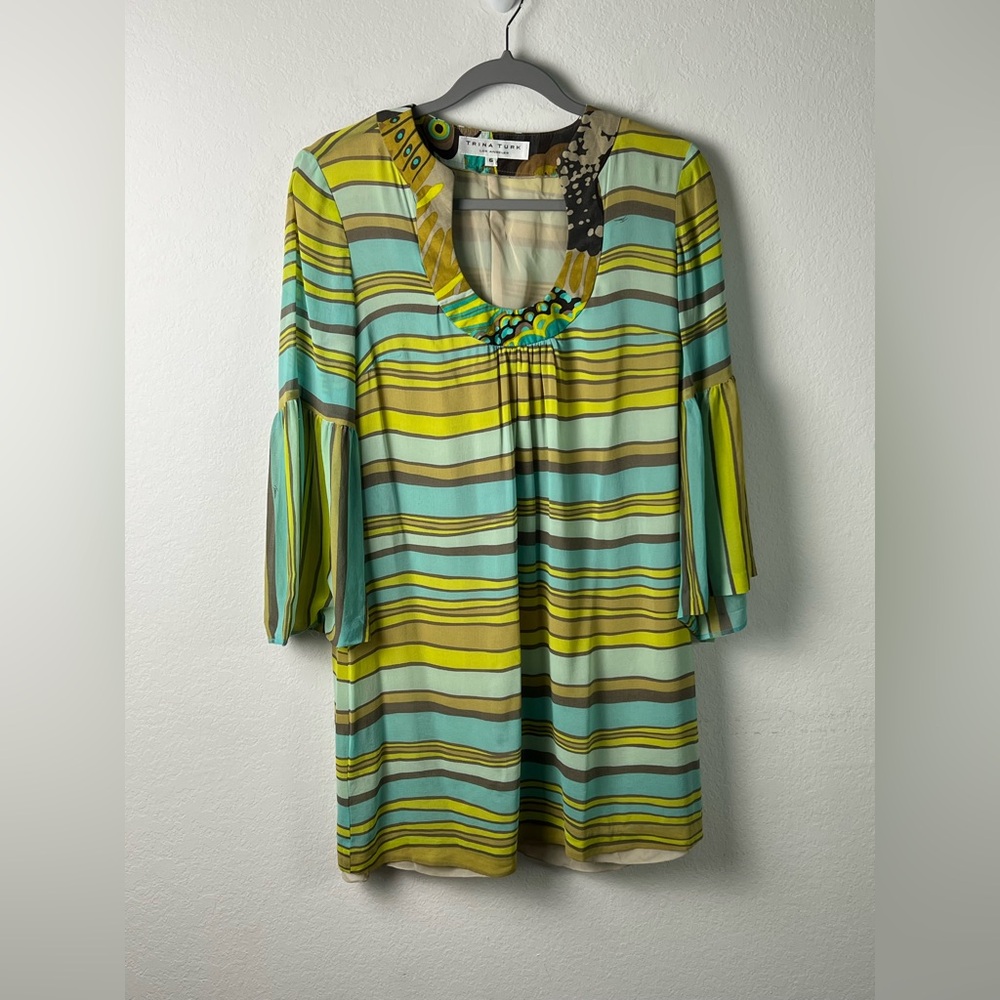 Trina Turk Silk & Linen Striped Green Blue Brown Dress with Bell Sleeves